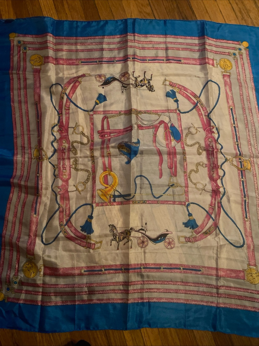 Vintage Dopio Italy Pink, Blue and Gold Equestrian Print Silk Scarf